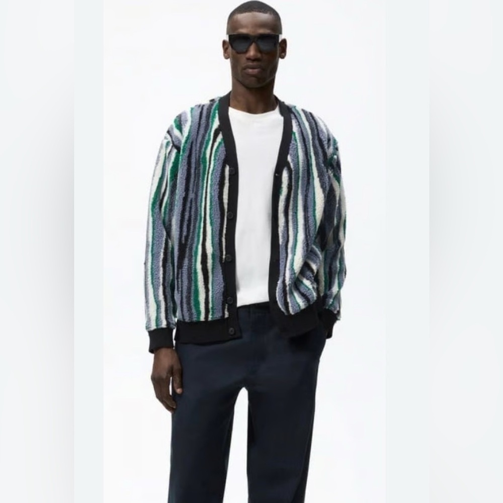 ZARA Men's Faux Sherpa Striped Cardigan-Size XL